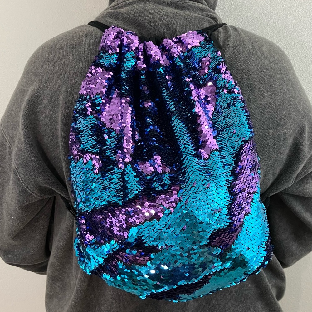Reversible Sequin Black Fabric Drawstring Backpack - image 1